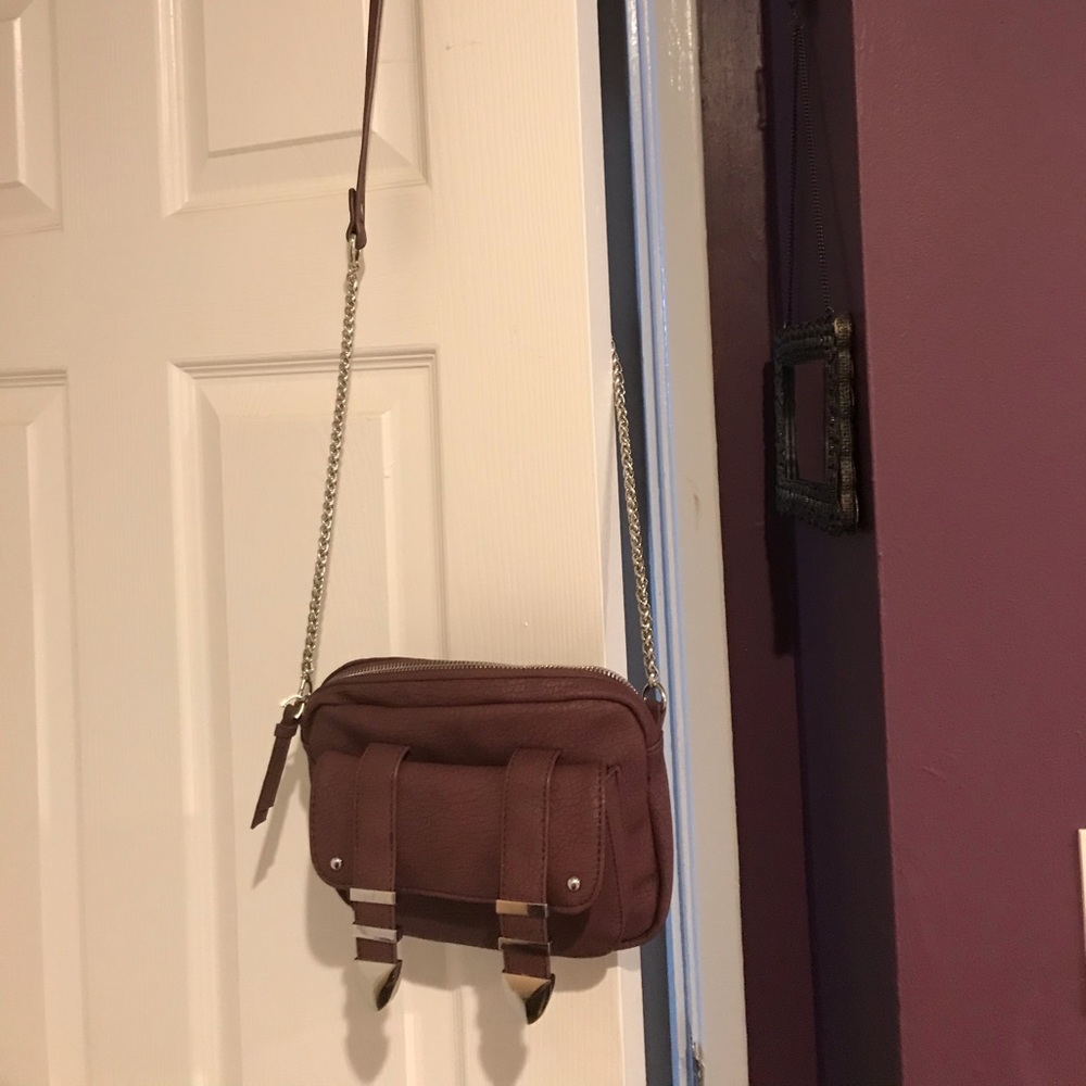 Dark purple crossbody bag with silver chain strap